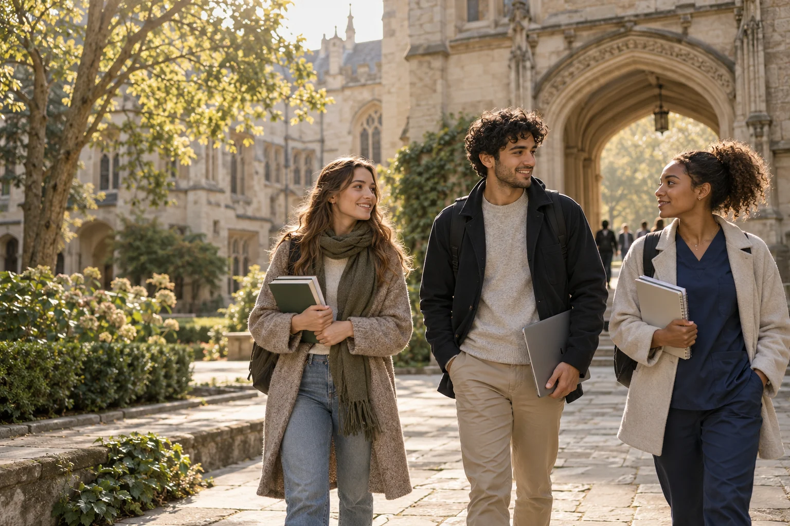 Students walking together through a sunlit university courtyard — illustrative image